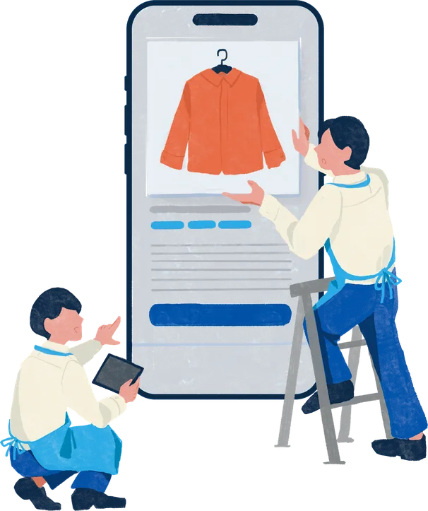 スマートフォンのフリマに古着を出品するイラスト